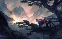 animal_ears animal_focus artist_name bonsai clockbirds cloud cloudy_sky commentary commission english_commentary falling_leaves in_tree leaf making-of_available medibang_paint_(medium) mountain no_humans original outdoors parted_lips photoshop_(medium) simple_bird sky solo standing tail tiger tiger_ears tiger_stripes tiger_tail tree watermark