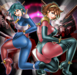 1990s_(style) 2girls allenby_beardsley ass blue_bodysuit blue_eyes blue_hair bodysuit boots brown_hair elbow_gloves g_gundam gloves gundam high_heel_boots high_heels mecha mecha_pilot_suit mobile_trace_suit multiple_girls nobel_gundam rain_mikamura retro_artstyle rising_gundam robot thigh_boots thighhighs toten_(der_fuhrer)