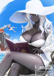 2girls bikini blue_eyes book braid breasts closed_mouth dark-skinned_female dark_skin dark_souls_(series) doll_joints elden_ring elden_ring_nightreign flower_wreath hat hat_over_eyes head_wreath helmet highres huge_breasts jamg336 joints large_breasts long_hair looking_at_viewer low_twin_braids multiple_girls recluse_(elden_ring) revenant_(elden_ring) school_swimsuit siegmeyer_of_catarina swimsuit twin_braids very_dark_skin white_hair