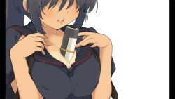 1girl absurdres between_breasts black_hair black_sailor_collar black_shirt breasts cleavage dark-skinned_female dark_skin eyes_out_of_frame head_out_of_frame highres homura_(senran_kagura) large_breasts non-web_source official_art open_mouth pillarboxed ponytail sailor_collar scroll senran_kagura senran_kagura_burst sexually_suggestive shirt sidelocks solo tan tanline white_background yaegashi_nan