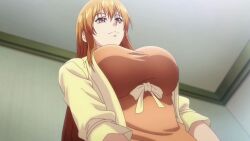 1girl animated anime_screenshot bouncing_breasts breast_focus breasts brown_eyes brown_hair grand_blue highres jacket kotegawa_nanaka large_breasts orange_shirt shirt smile sound tagme video yellow_jacket