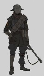 ambiguous_gender ammunition_pouch arm_wrap artist_name bandolier belt belt_pouch black_gloves boots bulletproof_vest commentary dated english_commentary faceplate fallout:_new_vegas fallout gloves grey_background grilled--cheese gun helmet highres ncr_first_recon_soldier ncr_trooper new_california_republic pouch rifle scarf schellergheist signature simple_background sniper_rifle solo tally weapon