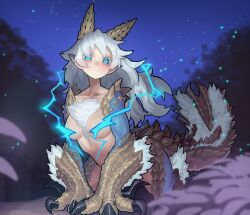 Rule 34 | 1girl, absurdres, blue eyes, breasts, closed mouth, commentary request, dragon girl, dragon horns, dragon tail, ekrea jan, grey hair, highres, horns, long hair, looking at viewer, medium breasts, monster hunter (series), pointy ears, tail, zinogre