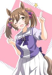 1girl absurdres animal_ears blush breasts brown_eyes brown_hair collarbone hair_between_eyes hair_ornament highres horse_ears horse_girl horse_tail looking_at_viewer matsuba_mattsu medium_breasts medium_hair one_eye_closed open_mouth ribbon school_uniform smart_falcon_(umamusume) solo tail umamusume
