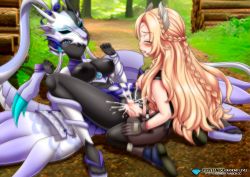 1futa 1girl absurdres bbmbbf black_bodysuit black_leggings black_nipples black_thighhighs blonde_hair blue_eyes blush bodysuit braiding_hair breasts clothed_sex colored_nipples covered_eyes cum cum_in_pussy dragon dragon_girl duel_monster ecclesia_(yu-gi-oh!) ecclesia_the_virtuous_of_white futa_with_female futanari hairdressing helmet helmet_over_eyes highres large_breasts leggings long_hair looking_at_another mask medium_breasts missionary multiple_girls nipples outdoors palcomix pantyhose pantyhose_under_shorts penis pietro&#039;s_secret_club pussy sandals sex sex_on_floor shorts swordsoul_of_mo_ye thick_thighs thighhighs thighs vaginal veins veiny_penis white_hair yu-gi-oh! yu-gi-oh!_duel_monsters