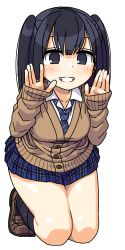 1girl black_eyes black_hair black_socks cardigan grin highres kneehighs kneeling loafers long_sleeves maruput necktie original plaid_clothes plaid_skirt pleated_skirt school_uniform shoes skirt sleeves_past_wrists smile socks solo twintails white_background
