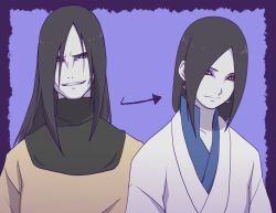 Rule 34 | 1boy, aged up, arrow (symbol), black hair, closed mouth, commentary request, earrings, grin, japanese clothes, jewelry, kimono, long hair, looking at viewer, makidsume, male focus, naruto (classic), naruto (series), ninja, orochimaru (naruto), pale skin, purple background, single earring, slit pupils, smile, teeth, white kimono, yellow eyes