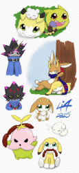digimon digimon_(creature) dog food gammamon green_eyes gulusgammamon lalamon looking_at_viewer meicoomon_baby meicoomon_child open_mouth oridigi original pyontomon sausage scarf simple_background sleeping tail white_background yukimibotamon