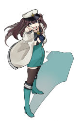 Rule 34 | 1girl, akoya matama, aqua boots, aqua skirt, artist name, bikini, black bikini, blue eyes, boots, breasts, brown hair, brown thighhighs, eyebrows hidden by hair, fang, full body, guagua977, hair between eyes, hat, high-waist skirt, highres, jacket, large breasts, loco musica, long hair, looking at viewer, lower teeth only, mahou shoujo ni akogarete, military hat, open mouth, pointing, pointing at viewer, shadow, simple background, skin fang, skindentation, skirt, smile, solo, swimsuit, teeth, thighhighs, white background, white hat, white jacket