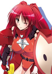 Rule 34 | 1girl, ;), armor, bare shoulders, belt, belt skirt, blush, breasts, brown eyes, cleavage cutout, closed mouth, clothing cutout, covered erect nipples, cowboy shot, cross, elbow gloves, faulds, female focus, gloves, gorget, holding, holding sword, holding weapon, izumi mahiru, kousaka tamaki, large breasts, legs together, leotard, light smile, long hair, looking at viewer, one eye closed, parted bangs, pauldrons, red hair, red leotard, shadow, shield, shoulder armor, sidelocks, simple background, smile, solo, standing, straight hair, sword, to heart, to heart (series), to heart 2, to heart 2 dungeon travelers, twintails, vambraces, very long hair, weapon, white gloves, wink