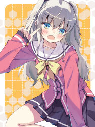 Rule 34 | 1girl, :o, akayama yukihe, black skirt, blue eyes, blush, border, bow, bowtie, buttons, charlotte (anime), commentary request, cowboy shot, eyes visible through hair, fang, grey hair, hair between eyes, hand up, highres, hoshinoumi academy school uniform, long hair, looking at viewer, miniskirt, open mouth, orange background, outside border, pleated skirt, red shirt, sailor collar, school uniform, serafuku, shirt, sidelocks, simple background, skin fang, skirt, sleeves past wrists, solo, tomori nao, two side up, v, v-shaped eyebrows, white border, white sailor collar, yellow bow, yellow bowtie