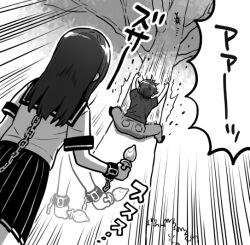 1boy 1girl afterimage beetle bug butt_plug chain chain_leash climbing_tree cuffs denim emphasis_lines facing_away falling from_behind greyscale holding holding_butt_plug imminent_penetration insect ito_fumi jeans leash long_hair monochrome natsu_no_kusari okuno_shinji outdoors pants pleated_skirt school_uniform serafuku sex_toy shirai_mitsuki shirt short_hair short_sleeves skirt sliding standing translation_request tree