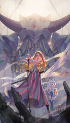 Rule 34 | 3girls, absurdres, alphonse (white datura), blonde hair, blue eyes, breasts, christine v, dress, fatima (five star stories), five star stories, highres, katana, long hair, looking at viewer, machi (five star stories), mecha, medium breasts, mortar headd, multiple girls, neptune (five star stories), nipples, photoshop (medium), robot, sword, topless female, weapon