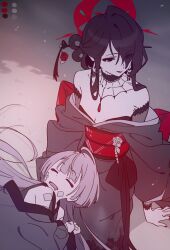 2girls bandaged_arm bandages black_hair blue_archive breasts gauze goth_fashion grey_hair hair_ornament halo highres japanese_clothes kimono kokuriko_(blue_archive) lap_pillow long_hair multiple_girls okashi_please open_mouth red_eyes red_halo shuro_(blue_archive) sleeping sleeping_on_person small_breasts