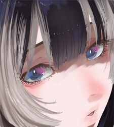 1girl black_hair blue_eyes blunt_bangs close-up eyelashes hair_between_eyes henriiku_(ahemaru) highres hololive hololive_dev_is juufuutei_raden lips looking_at_viewer multicolored_hair open_mouth parted_lips sidelocks solo solo_focus two-tone_hair white_hair