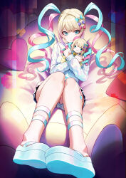 1girl blonde_hair blue_eyes blue_hair blue_serafuku bow character_doll chest_bow chouzetsusaikawa_tenshi-chan colored_tips doll drop_shadow from_below glitch hair_bow heart highres hugging_object looking_at_viewer matmaj multicolored_hair multiple_hair_bows needy_girl_overdose on_bed pillow pink_hair platform_sandals quad_tails sandals school_uniform serafuku sidelocks solo upper_body