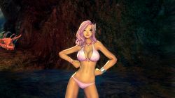1girl 3d bikini blade_&amp;_soul breasts closed_mouth dungeon facial_tattoo female_focus green_eyes hair_ornament highres jin_(blade_&amp;_soul) large_breasts long_hair navel original pink_hair shiny_skin simple_background smile solo swimsuit tattoo water