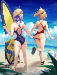 2girls ahoge anger_vein artoria_pendragon_(fate) ass back ball bare_shoulders beach beachball blonde_hair blue_one-piece_swimsuit braid broken butt_crack day fate/apocrypha fate/grand_order fate/stay_night fate_(series) flying_sweatdrops full_body hair_bun halterneck highleg highleg_one-piece_swimsuit highres legs mordred_(fate) mordred_(fate/apocrypha) mother_and_daughter multiple_girls one-piece_swimsuit outdoors ponytail red_one-piece_swimsuit revision saber_(fate) sandals single_hair_bun sky sleeveless standing surfboard swimsuit tonee water