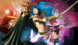 1boy 2girls armor asou_yuuko bandana battle belt bikini_armor blue_hair cape daniel_oduber dark_valis_sword fantasy glowing glowing_eyes helmet horns kirishima_reiko long_hair mask microskirt midriff miniskirt mugen_senshi_valis multiple_girls navel neckerchief realistic red_eyes red_hair rogles signature skirt sword telenet_japan valis valis_sword warrior weapon