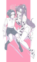 1boy 1girl age_difference aged_down ahoge alternate_costume animal_collar animal_ears animal_print bell bikini black_hair blush bow breasts cheek_poking cleavage collar collared_shirt covered_erect_nipples cow_ears cow_girl cow_horns cow_print cow_print_bikini cow_print_gloves cow_print_thighhighs cow_tail cowbell dated ear_tag elbow_gloves finger_to_another&#039;s_cheek genderswap genderswap_(mtf) gloves greyscale_with_colored_background hair_bow heart heart_ahoge hetero highres horns invisible_chair kemonomimi_mode kimako_(kimako_8) kneehighs lan_wangji large_breasts long_hair long_sleeves looking_at_another modao_zushi monochrome neck_bell no_shoes onee-shota open_mouth panties pants pink_background poking ponytail print_bikini print_gloves print_thighhighs shirt short_hair shorts side-tie_panties sidelocks sitting smile socks spot_color stirrup_legwear swimsuit tail thighhighs toeless_legwear twitter_username underwear untied_panties very_long_hair watermark wei_wuxian