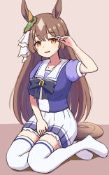 animal_ears brown_hair ear_ornament gdgd hand_up highres horse_ears horse_girl horse_tail kneehighs legs_folded long_hair looking_at_viewer on_ground ribbon satono_diamond_(umamusume) school_uniform smile socks solo tail tracen_school_uniform umamusume