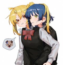 100387l 2girls ahoge annoyed black_sweater_vest blonde_hair blue_hair bocchi_the_rock! bow bowtie collared_shirt dog hair_ornament hairclip hug hug_from_behind ijichi_nijika long_hair long_sleeves looking_at_another multiple_girls red_bow red_bowtie school_uniform shimokitazawa_high_school_uniform shirt short_hair side_ponytail simple_background spoken_animal sweatdrop sweater_vest teeth upper_body white_background white_shirt yamada_ryo yellow_eyes