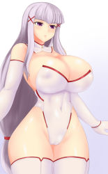 Rule 34 | 1girl, borrowed character, breasts, bursting breasts, cameltoe, covered navel, cowboy shot, curvy, elbow gloves, enjou sakuya, gloves, highleg, highleg leotard, highres, huge breasts, leotard, light purple hair, long hair, ojikam, original, purple eyes, see-through clothes, skin tight, solo, thick thighs, thighs, thong leotard, wide hips