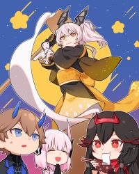 1boy 3girls absurdres black_hair blue_eyes blue_horns closed_eyes eating fake_horns food grey_hair headgear highres holding holding_mallet horns karenina:_scire_(pgr) karenina_(pgr) kine lee_(pgr) liv:_lux_(pgr) liv_(pgr) long_hair lucia:_lotus_(pgr) lucia_(pgr) mallet mochi mortar_(bowl) multicolored_hair multiple_girls nekomata_nyanko oni_horns open_mouth pink_hair punishing:_gray_raven red_eyes red_hair red_horns short_hair stick sweatdrop two_side_up