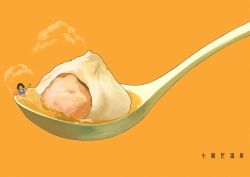 1girl bikini bikini_top_only black_hair blue_bikini food food_focus highres mini_person minigirl nekodushi orange_background original short_hair simple_background solo soup spoon steam swimsuit
