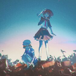 Rule 34 | 2girls, black capelet, black shoes, black skirt, blonde hair, brown hair, capelet, circle yomado, closed mouth, dress, full body, hat, highres, long sleeves, looking up, maribel hearn, medium hair, mob cap, multiple girls, necktie, one eye closed, open mouth, purple dress, red necktie, shirt, shoes, skirt, sky, socks, squatting, standing, star (sky), starry sky, touhou, twilight, usami renko, white shirt, white socks