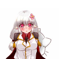 Rule 34 | 1girl, animal ears, black necktie, blazer, blush, breasts, cape, cat ears, cat girl, collared shirt, commentary, flower, genetic (ragnarok online), hair flower, hair ornament, jacket, long hair, looking at viewer, low-tied long hair, medium breasts, necktie, official alternate costume, open mouth, pink flower, ragnarok online, red cape, red shirt, shirokuro (erisnoa), shirt, simple background, solo, tassel, upper body, white background, white jacket