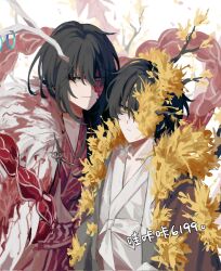 Rule 34 | 2boys, antlers, black eyes, black hair, blue eyes, branch, burn scar, chinese text, double-parted bangs, e.g.o (project moon), flower, fur collar, hair between eyes, heterochromia, highres, hong lu (project moon), horns, limbus company, looking at viewer, multiple boys, one eye covered, overgrown, project moon, red robe, robe, scar, smile, spicebush (e.g.o), tears of the tarnished blood (e.g.o), upper body, white background, white robe, wuzinan19, yellow eyes, yi sang (project moon)