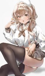1girl beret black_thighhighs bready_(nikke) breasts brown_eyes brown_hair brown_neckerchief brown_sailor_collar brown_skirt candy commentary_request crop_top crop_top_overhang cropped_shirt double-parted_bangs feet_out_of_frame food goddess_of_victory:_nikke hair_between_eyes hair_over_shoulder hand_up hat highres holding holding_candy holding_food holding_lollipop kuu_(user_gngs5284) large_breasts lollipop long_bangs long_hair long_sleeves looking_at_viewer low_twintails microskirt navel neckerchief no_bra panties partially_unbuttoned partially_visible_vulva pleated_skirt sailor_collar school_uniform serafuku shirt simple_background sitting skindentation skirt solo thighhighs thighs tongue tongue_out twintails underboob underwear white_background white_hat white_panties white_shirt wristband