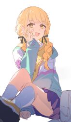 1girl absurdres blonde_hair blue_jacket blue_skirt blush braid commentary fujita_kotone gakuen_idolmaster head_rest highres idolmaster jacket kneehighs long_hair looking_at_viewer open_mouth pleated_skirt shenqi_de_(9) simple_background skirt socks solo twin_braids white_background white_socks yellow_eyes