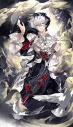 1boy absurdres bird black_cape black_hair black_robe borrowed_character bow bowtie bracelet brooch cape chain_belt charm_(object) commission dagger dove earrings expressionless feet_out_of_frame final_fantasy final_fantasy_xiv floating_cape frilled_shirt_collar frilled_sleeves frills gem hair_between_eyes halo hands_up heart-shaped_gem heterochromia highres holding holding_dagger holding_knife holding_weapon infinity_symbol jewelry knife long_sleeves male_focus multicolored_hair murrtecys_ansuz na_unoaida necklace object_floating_above_hand original parted_lips red_gemstone reverse_grip robe sample_watermark shirt short_hair side_cape single_earring solo stabbed_heart standing two-tone_hair warrior_of_light_(ff14) watermark weapon white_bow white_bowtie white_hair white_shirt yellow_eyes