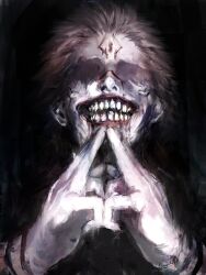 1boy absurdres black_background black_nails blood blood_from_mouth domain_expansion evil_grin evil_smile facial_tattoo forehead_tattoo grin highres jujutsu_kaisen no_eyes painterly pink_hair ryoumen_sukuna_(jujutsu_kaisen) shaded_face short_hair smile solo spiked_hair tattoo teeth wrist_tattoo xa8uofivf2mcart