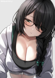 Rule 34 | 1girl, black hair, black tank top, blush, bow, braid, breasts, cleavage, commentary request, denim, denim shorts, glasses, green eyes, grey background, hair bow, hair over eyes, hair over one eye, half-closed eyes, highres, hood, hooded jacket, indie virtual youtuber, jacket, kanoto kaoru, large breasts, leaning forward, long bangs, looking at viewer, parted lips, short shorts, shorts, side braid, simple background, single braid, solo, tank top, twitter username, urabanasimati, virtual youtuber, white jacket