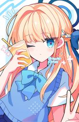 1girl blonde_hair blue_archive blue_background blue_bow blue_bowtie blue_eyes blue_halo blue_sweater_vest blush border bow bowtie closed_mouth collared_shirt commentary cup drinking_straw hair_bow halo hands_up highres holding holding_cup long_hair looking_at_viewer official_alternate_costume outside_border school_uniform shirocha_tei shirt short_sleeves solo sweater_vest toki_(blue_archive) toki_(school_uniform)_(blue_archive) twitter_username upper_body v white_border white_shirt