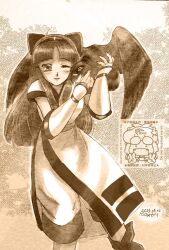 1girl ainu_clothes artist_name breasts dated fingerless_gloves gloves hair_ribbon legs long_hair mamahaha medium_breasts monochrome nakoruru one_eye_closed pants ribbon samurai_spirits sketch smile snk the_king_of_fighters thighs traditional_media wink