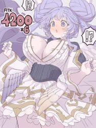 Rule 34 | !?, 1girl, @ @, alternate breast size, angel wings, black bow, black bowtie, black corset, blush, bow, bowtie, braid, breast expansion, breasts, cleavage, corset, demon wings, double bun, dress, duel monster, grey background, hair bun, highres, large breasts, long hair, long sleeves, memento vivi, open mouth, purple eyes, purple hair, purple nails, selettrice vaalmonica, simple background, solo, speech bubble, twin braids, varar vaalmonican concord, very long hair, white dress, wings, yu-gi-oh!