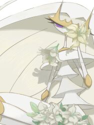 antennae bug colored_skin flower gen_7_pokemon half-closed_eyes highres looking_at_viewer nintendo pheromosa pink_eyes piora pokemon pokemon_(creature) shadow solo twitter_username ultra_beast white_flower white_skin