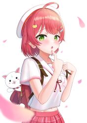 Rule 34 | 1girl, 35p (sakura miko), absurdres, ahoge, bandaid, bandaid hair ornament, blush, cat hair ornament, cherry blossoms, green eyes, hair ornament, hairclip, hat, highres, hololive, honda dousuiyuu, looking at viewer, official alternate costume, open mouth, pink hair, pink skirt, plaid clothes, plaid skirt, red bag, sailor collar, sakura miko, sakura miko (school uniform), school uniform, shirt, short hair, skirt, solo, virtual youtuber, white hat, white sailor collar, white shirt