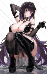 1girl absurdres areola_slip arm_up black_choker black_gloves black_shoes black_thighhighs blush breasts chest_harness choker commentary elbow_gloves fanged_bangs gloves goddess_of_victory:_nikke grin hair_ornament harness highres huge_breasts large_areolae long_hair looking_at_viewer mihara_(bonding_chain)_(nikke) mihara_(nikke) o-ring o-ring_harness pink_eyes pink_lips purple_hair shoes smile solo squatting thighhighs thighs white_background zhudouzi