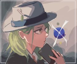 1girl absurdres alternate_costume botfishe ceres_fauna commentary english_commentary from_side green_hair green_nails hat highres holding holding_notebook hololive hololive_english l.a._noire long_hair looking_to_the_side mole mole_under_eye notebook portrait solo top_hat virtual_youtuber white_hat yellow_eyes