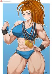 1girl abs batako_(batakoart) brown_hair captain_mizuki gold_medal highres long_hair medal one-punch_man solo sports_bra sportswear watermark