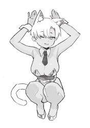 1girl ^_^ animal_ear_fluff animal_ears armpits arms_behind_head arms_up asymmetrical_bangs bare_shoulders breasts cat_ears cat_girl cat_tail cleavage closed_eyes commentary curled_tail curtained_hair dark-skinned_female dark_skin detached_collar dot_nose earrings english_commentary extra_ears eyebrows_hidden_by_hair full_body go!_go!_gris! grin hair_over_one_eye half-closed_eye half-closed_eyes head_tilt high_heels highleg highleg_leotard highres invisible_floor jewelry kara_(go!_go!_gris!) large_breasts legs_together leotard light_blush long_eyelashes looking_at_viewer multicolored_hair narrowed_eyes necktie one_eye_closed open_hands parted_bangs parted_lips rabbit_pose raised_eyebrows raised_inner_eyebrows seductive_smile short_hair short_necktie sideboob sidelocks simple_background single_ear_down skindentation slit_pupils smile solo squatting straight-on strapless strapless_leotard streaked_hair striped_blush stud_earrings tail thick_eyelashes thick_thighs thighs tsurime two-tone_hair undersized_breast_cup vertigris white_background wide_hips wing_collar wrist_cuffs