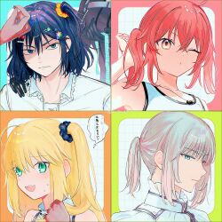 2boys 2girls ahoge artoria_caster_(fate) artoria_caster_(first_ascension)_(fate) artoria_pendragon_(fate) blonde_hair blue_eyes blush command_spell fate/grand_order fate_(series) fujimaru_ritsuka_(female) green_eyes grey_hair hair_between_eyes hair_ornament hair_scrunchie hairclip highres kr38roka looking_at_viewer medium_hair multiple_boys multiple_girls oberon_(fate) oberon_(second_ascension)_(fate) oberon_(third_ascension)_(fate) one_eye_closed one_side_up open_mouth orange_eyes orange_hair ponytail scrunchie shirt side_ponytail sweatdrop
