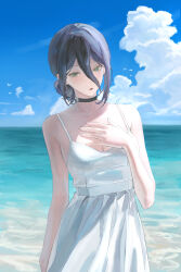 1girl absurdres bare_shoulders bird black_choker blue_sky breasts camisole chainsaw_man choker cleavage cloud collarbone folded_hair folded_ponytail green_eyes hair_between_eyes hand_on_own_chest highres medium_breasts nsnnvldbrs99n ocean pleated_skirt purple_hair reze_(chainsaw_man) seagull short_hair sidelocks skirt sky solo standing white_camisole white_skirt