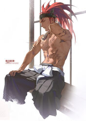 1boy 2023 abarai_renji abs absurdres arm_tattoo black_hair bleach chest_tattoo copyright_name cropped_legs hand_on_own_thigh headband high_ponytail highres japanese_clothes large_pectorals long_hair male_focus muscular muscular_male nipples pectorals ponytail red_hair simple_background sitting solo stomach_tattoo sweat tattoo topless_male white_background zm-panda-
