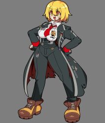 Rule 34 | 1girl, absurdres, aiguillette, badge, black hair, black pants, blonde hair, boots, breasts, brown boots, collared shirt, don quixote (project moon), grey background, hands on own hips, high-waist pants, highres, kekeken, lapels, large breasts, limbus company, necktie, notched lapels, open mouth, pants, project moon, red necktie, shirt, simple background, smile, solo, sticker, white shirt, yellow eyes